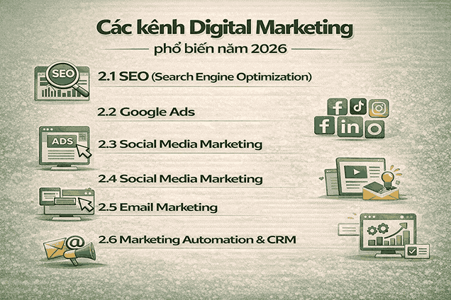 Các kênh Digital Marketing phổ biến năm 2026